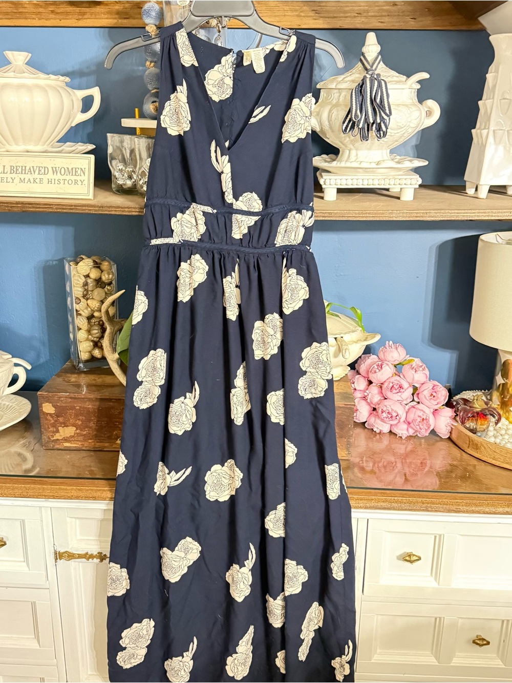 Japna Navy Maxi Dress with Cream Floral Print